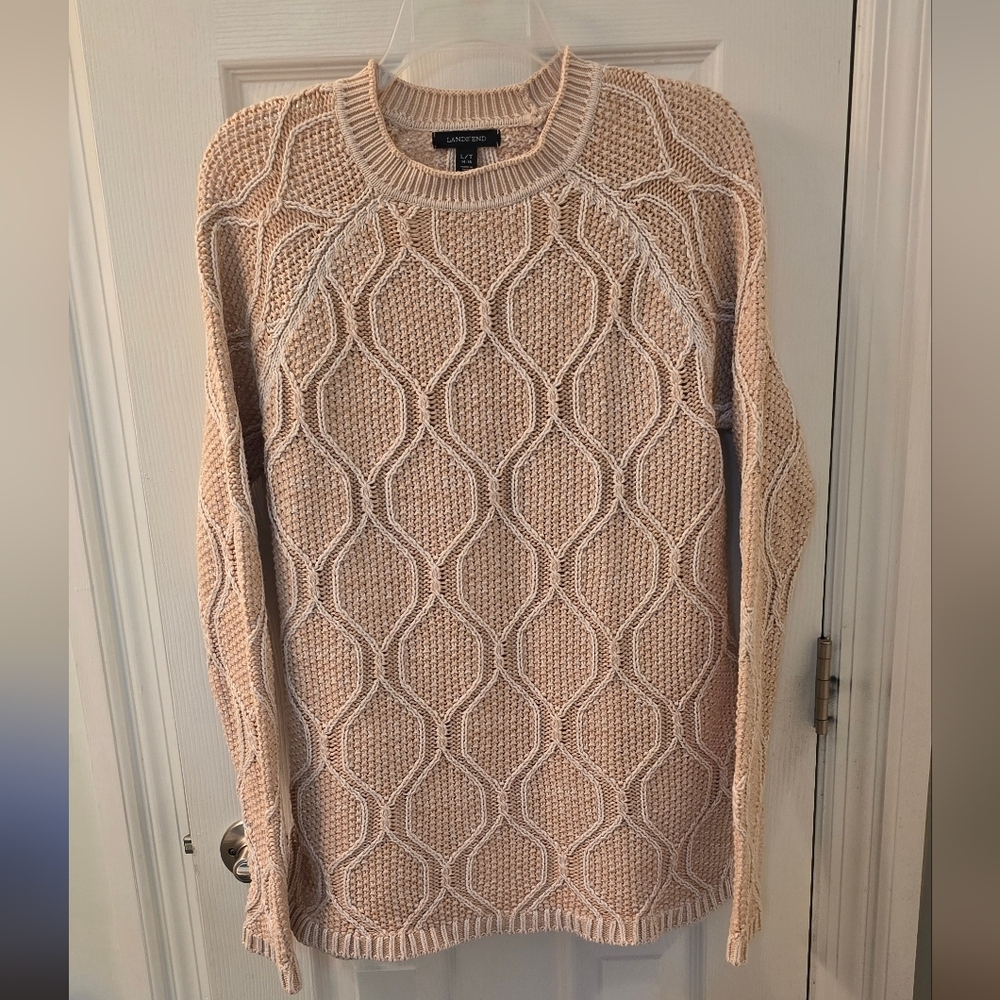 Lands' End Women's Cream Cotton Crewneck Sweater, Size L (315)